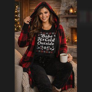 Torrid Plaid Hooded Cardigan 2X Duster Red Black Buffalo Open Front Pockets Knit